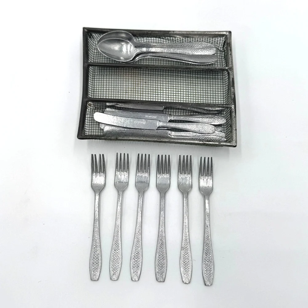 Vintage‎ German Dollhouse Metal Flatware Set – 18 Pieces + Wire Tray